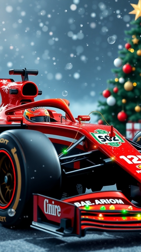 A Formula 1 car decorated for Christmas with lights and ornaments, set against a snowy background.